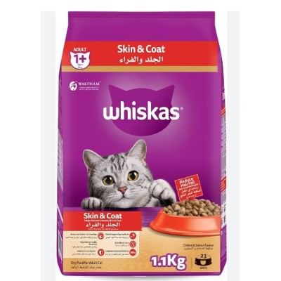 WHISKAS DRY CAT FOOD FOR ADULT CATS SKIN AND COAT 1.1 KG, CHICKEN